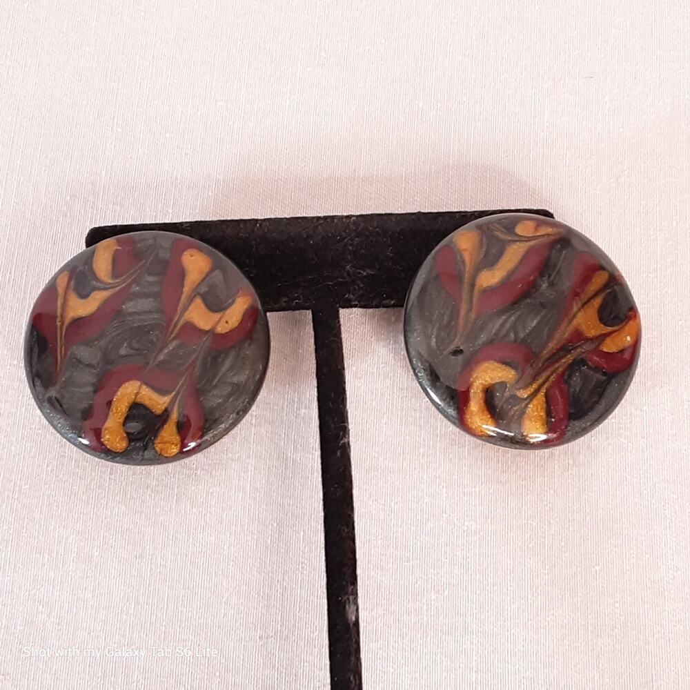 💎Vintage Disc Earrings Enamel Earth Tones Swirls Post Back Pierced